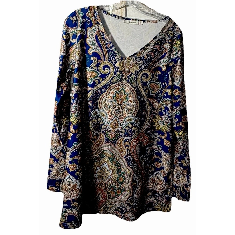 Boho Multicolor Tunic Sakurafina Sz S Women Top V-Neck LS Paisley Work Casual